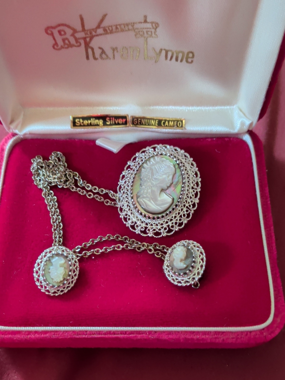Karen Lynne Sterling Silver White Cameo Necklace and Brooch Set ( Never Worn )
